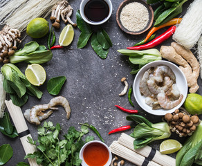 Various Asian ingredients on a dark background. Asian cooking ingredients.  Asian food concept. Open space. Top view 