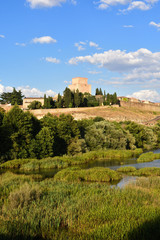 Fototapeta na wymiar view of bridge and the Castle of Henry II of Castile (14th century) and River Agueda, Ciudad Rodrigo, Castile and Leon, Spain