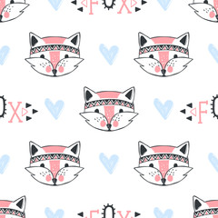 Fashion fox seamless pattern. Cute foxes illustration in sketch style.