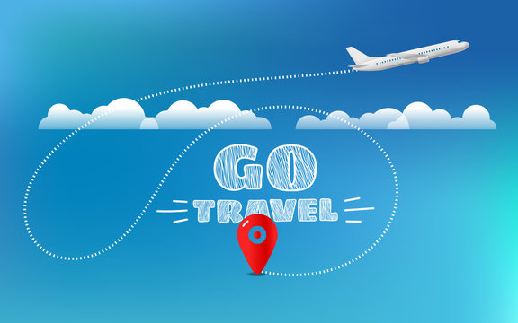 Go travel concept. Travel banner with aircraft and destination pin