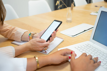 two young businesswomen with phone and computer, blank devices screens to personalize with photomontage