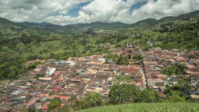 UHD Timelapse from above the little colonial town of Jerico in the typical countryside of Antioquia, Colombia.