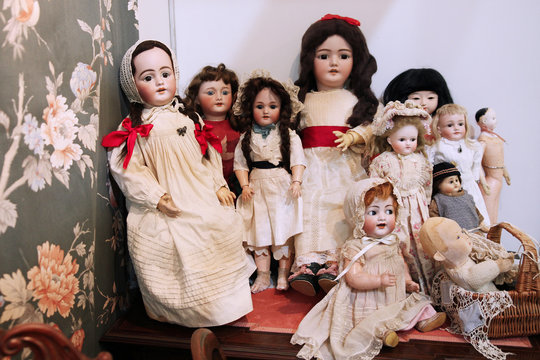 Collection of antique dolls at a flea market. Moscow. 07.02.2018