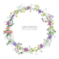 Watercolor summer wreath of wildflowers Botanical colorful illustration © depiano