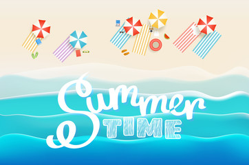 Summer time concept. Sandy beach with different accessories. Vector illustration