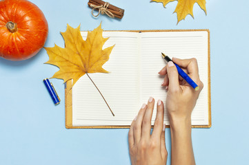 Female hands write in the Open blank notebook with a yellow autumn maple leaf, orange pumpkin, cinnamon on blue background top view flat lay. Autumn concept, study, working table, workspace mockup.