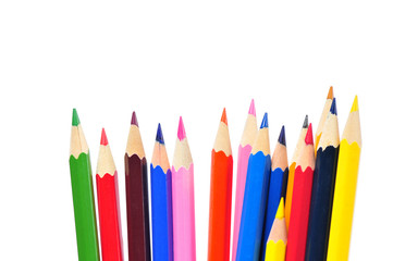 Colored pencils in pencil case isolated on white background.

