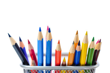 Colored pencils in pencil case isolated on white background.
