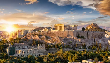 Papier Peint photo Athènes Coucher de soleil sur l& 39 Acropole d& 39 Athènes avec le temple du Parthénon, Grèce