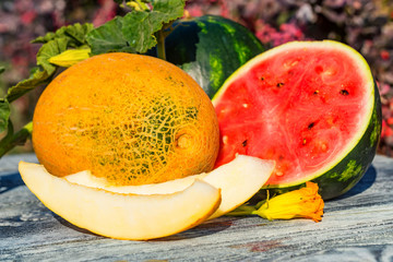 Fresh ripe watermelon and melon with flowers