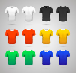 Set of realistic sport t-shirts in white, black, red, yellow, green and blue colors for different commands isolated on white