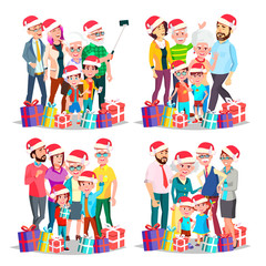 Fototapeta premium Christmas Family Set Vector. Big Full Happy Family Portrait. Father, Mother, Kids, Grandparents In Santa Hats. Traditional Event. Winter Holidays. December Eve. Celebrating. Cheerful. Illustration