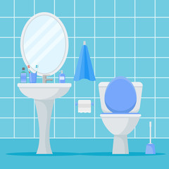 Bathroom interior with toilet bowl, washbasin and mirror. Flat style vector illustration.