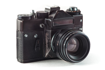 Retro vintage film camera on white background