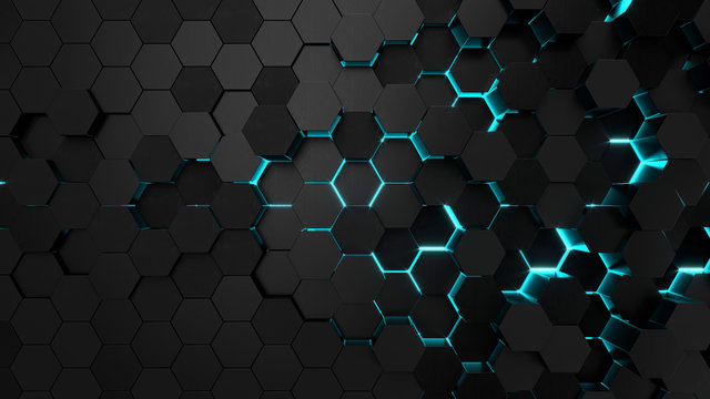 Technological hexagonal background with blue neon illumination © SmirkDingo