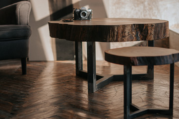 Fototapeta premium Tree. Wood carving. Wooden products. Interior. Beautiful decor. Style. Table. Elements of the interior. Loft style