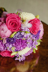  A beautiful bouquet of lilac, pink, blue and yellow flowers. Bright bouquet