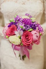  A beautiful bouquet of lilac, pink, blue and yellow flowers. Bright bouquet