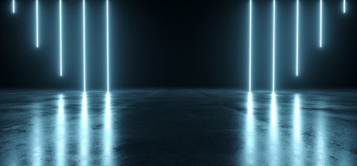 Futuristic Sci Fi Dark Empty Room With Blue Neon Glowing Line Tubes On Grunge Concrete Floor With Reflections 3D Rendering