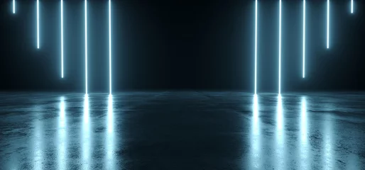 Futuristic Sci Fi Dark Empty Room With Blue Neon Glowing Line Tubes On Grunge Concrete Floor With Reflections 3D Rendering © IM_VISUALS