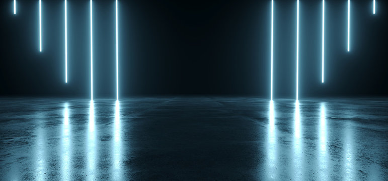 Futuristic Sci Fi Dark Empty Room With Blue Neon Glowing Line Tubes On Grunge Concrete Floor With Reflections 3D Rendering