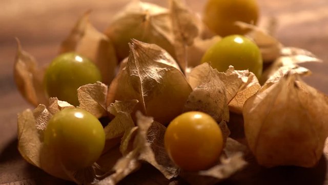 Extreme closeup of husk cherries in and out of their husks rotating.