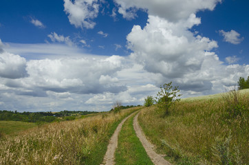Sunny summer landscape with ground country road passing through the blooming buckwheat fields and green meadows.Beautifil white clouds in deep blue sky.