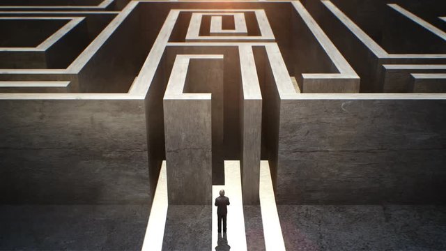 Obstructing huge maze in front of businessman. Business solution concept. 4k animation.