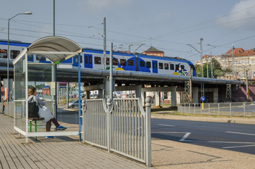 CITYSCAPE - Regional train on the viaduct in Szczecin - obrazy, fototapety, plakaty