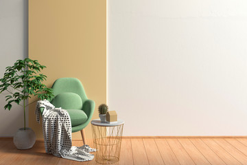 Modern interior with contemporary chair. Wall mock up. 3d illustration.