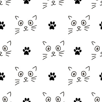 Seamless patterns with cats faces and footprints.