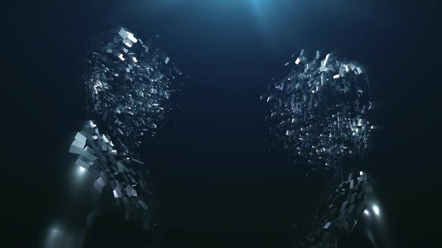 A futuristic scene depicting the transformation of man and woman from space to real bodies. Created using Cinema 4D + animation, After effect + present + effects.