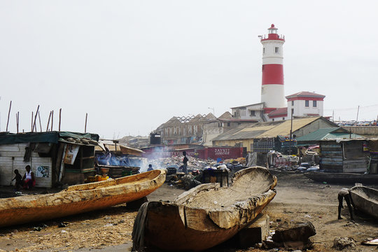 Fisher village in front of the lighthouse of Accra in Ghana