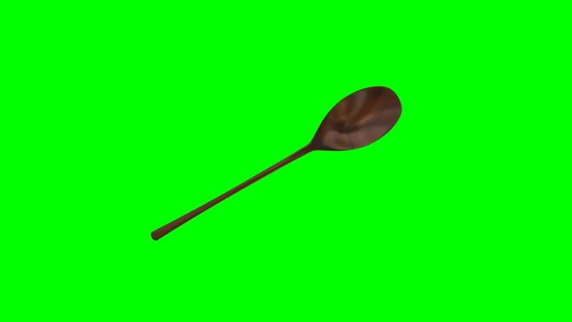 Animated rotating around y axis simple shining bronze table spoon against green background. Full 360 degree spin, loop able and isolated.