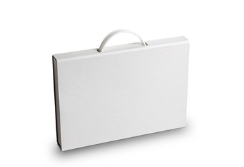 Cardboard document case with a plastic handle, or briefcase folder, isolated on white