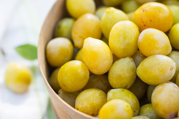 Yellow plums with water drops in a sieve, food and healthy eating concept