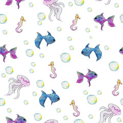 White seamless pattern with fishes