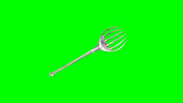 Animated rotating around y axis simple shining silver serving fork against green background. Full 360 degree spin, loop able and isolated.