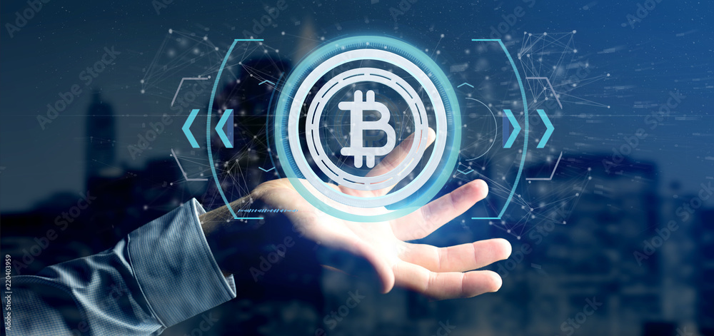 Poster man holding a technology bitcoin icon on a circle 3d rendering