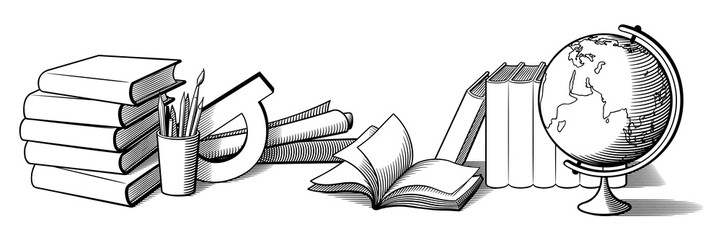 Still life with stationery items. Books, writing tools in a cup, globe and protractor. Black and white vector illustration