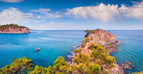 Splendid Mediterranean seascape in Turkey. Sunny view of a small azure bay near the Tekirova...