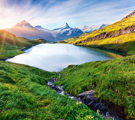 Colorful summer sunrise on Bachalpsee lake with Schreckhorn and Wetterhorn peacks on background