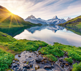 Colorful summer sunrise on Bachalpsee lake with Schreckhorn and Wetterhorn peacks on background