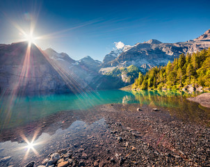 Splendid summer sunrise on the unique Oeschinensee Lake. Splendid morning scene in the Swiss Alps...
