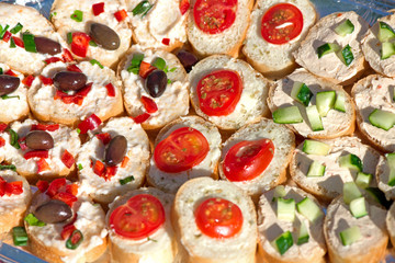 Variety of mini sandwiches with cheese cream, vegetables  roasted cherry tomatoes, olives, cucumber, spring onions, paprika, basil and other herbs. Fresh appetizer canape at the picnic outdoors