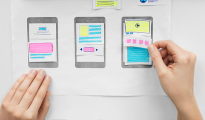 app design, technology and business concept - web designer working on user interface and creating wireframe layout at office