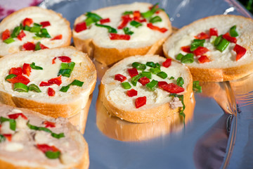 Variety of mini sandwiches with cheese cream, vegetables  roasted cherry tomatoes, olives, cucumber, spring onions, paprika, basil and other herbs. Fresh appetizer canape at the picnic outdoors