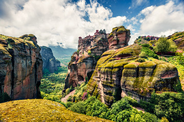 Sunny spring scene in Meteora, UNESCO World Heritage site. Collorful morning view of Eastern...