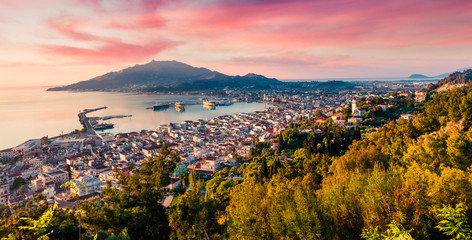 Aerial view of Zakynthos (Zante) town. Colorful spring sunrise on the Ionian Sea. Beautiful...