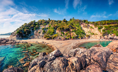 Picturesque morninf view of Little Xigia beach on the Zakynthos island. Sunny spring seascape of...
